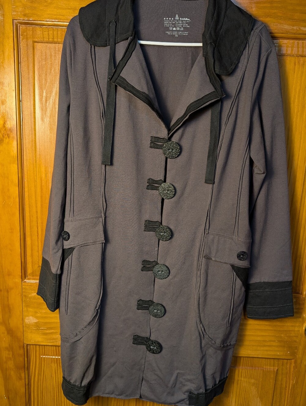 neon buddha Two-Tone Hooded Long Trench Coat in Charcoal and Black